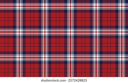 Plaid fabric pattern, red, blue, white, distinctive lattice cross lines, seamless for textiles, and for designing clothes, skirts or decorative fabrics. Vector illustration.