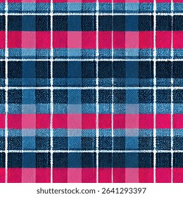 Plaid fabric pattern, red and blue plaid flannel with white lines. Plaid seamless pattern, Vector illustration background for print the paper.