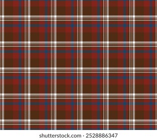 Plaid fabric pattern, red, brown, blue, white, seamless for textiles, and for designing clothes, skirts or decorative fabrics. Vector illustration.