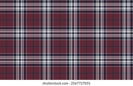 Plaid fabric pattern, red, navy, white, cross lines, seamless checkerboard pattern for textiles, and for designing clothes, skirts, pants or decorative fabrics. Vector illustration.