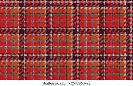 Plaid fabric pattern, red, orange, brown, green, gray, seamless for textiles, and for designing everyday clothes, skirts, pants, or decorative fabrics. Vector illustration.