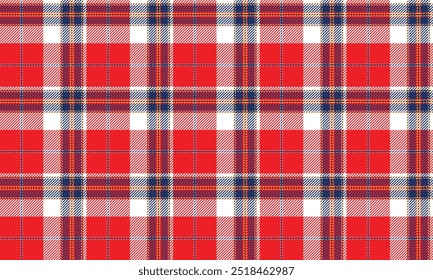 Plaid fabric pattern, red, white, blue, yellow, striking seamless beauty for textiles, and for designing clothes, skirts or decorative fabrics. Vector illustration.