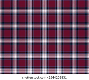 Plaid fabric pattern, red, white, black, blue, seamless for textile, and for designing clothes, skirts, pants or decorative fabric or pattern on the surface of bags, shoes. Vector illustration.