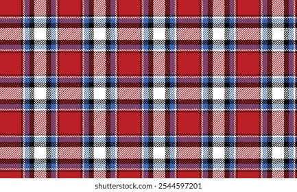 Plaid fabric pattern, red, white, blue, black, fashionable cross lines, seamless for textiles, and for designing clothes, skirts, pants or decorative fabrics. Vector illustration.