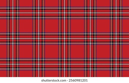 Plaid fabric pattern, red, white, black, modern distinctive cross lines, seamless for textiles, and for designing clothes, skirts or decorative fabrics. Vector illustration.