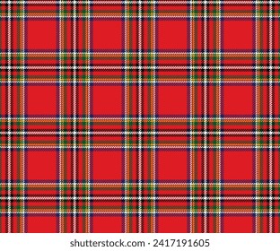 Plaid fabric pattern in red, yellow, green, blue, white, seamless background. Item for textiles, clothing or decoration. Vector illustration.