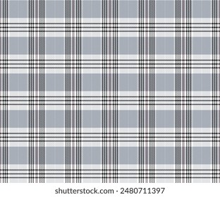 Plaid fabric pattern, white, black, gray, seamless for textiles, and for designing clothing, skirts, pants or decorative fabric. Vector illustration.