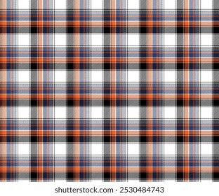Plaid fabric pattern, white, black, orange, blue, seamless for textiles, and for designing clothes, skirts, pants or decorative fabrics. Vector illustration.