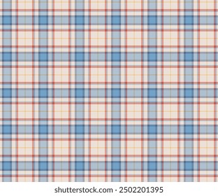Plaid fabric pattern, white, blue, orange, yellow, seamless for textiles and design clothing, skirts, pants, aprons, tablecloths, blankets or decorative fabrics. Vector illustration.