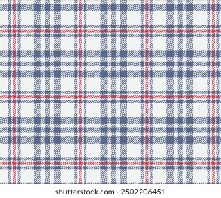 Plaid fabric pattern, white, blue, red, seamless for textiles and design clothing, skirts, pants, aprons, tablecloths, blankets or decorative fabrics. Vector illustration.