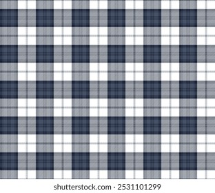 Plaid fabric pattern, white, blue, navy, seamless for textiles, and for designing clothes, skirts, pants or decorative fabrics. Vector illustration.