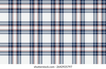 Plaid fabric pattern, white, blue, red, seamless for textile and design clothes skirt pants apron tablecloth blanket or decoration. Vector illustration.