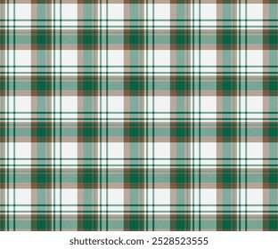 Patrón de tela a cuadros, blanco, marrón, verde, sin costuras para textiles y ropa de diseño falda pantalones delantal manta o decoración. Ilustración vectorial.