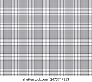 Plaid fabric pattern, white, gray, black, seamless for textiles, and for designing clothing, skirts, pants or decorative fabric. Vector illustration.