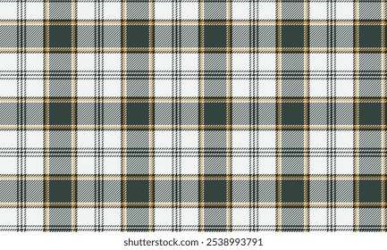 Plaid fabric pattern, white, green, yellow, black, seamless for textiles, and for designing everyday clothes, skirts, pants or decorative fabrics. Vector illustration.