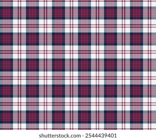 Plaid fabric pattern, white, navy, red, seamless distinctive cross lines pattern for textiles, and for designing everyday clothes, skirts, pants or decorative fabrics. Vector illustration.