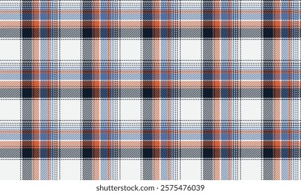 Plaid fabric pattern, white, navy, blue, orange, seamless for textiles, and for designing clothes, skirts, tablecloths, or decorative fabrics. Vector illustration.