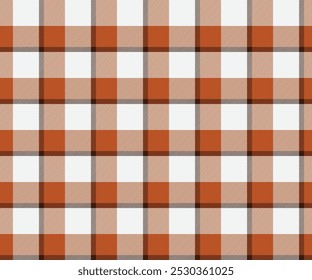 Patrón de tela a cuadros, blanco, naranja, marrón, líneas cruzadas, sin costuras para textiles, y para el diseño de ropa, faldas o telas decorativas. Ilustración vectorial.