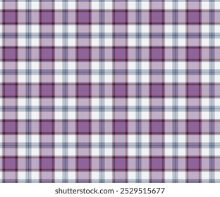 Plaid fabric pattern, white, purple, gray, seamless for textiles, and for designing clothes, skirts, pants or decorative fabrics. Vector illustration.