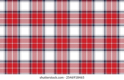 Plaid fabric pattern, white, red, blue, modern seamless distinctive for textiles, and for designing clothes, skirts, pants or decorative fabrics. Vector illustration.