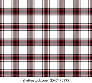 Patrón de tela a cuadros, blanco, rojo, negro, sin costuras para textiles, y para el diseño de ropa, faldas, pantalones o telas decorativas. Ilustración vectorial.