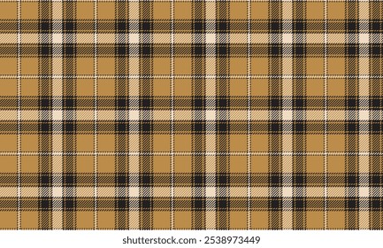 Plaid fabric pattern, yellow, black, cream, fashion seamless pattern for textile, and for designing clothes, skirts, pants or decoration. Vector illustration.