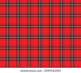 Plaid fabric patterns in red, black, white, and yellow stand out in textile designs, clothing, skirts, pants, or decorative fabrics. Vector illustration