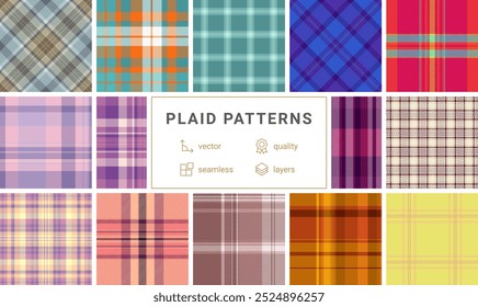 Plaid fabric patterns in vibrant checks, perfect for textile, clothing, or rustic wallpaper designs with a Scottish touch.