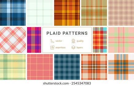 Plaid fabric patterns in vibrant checks, perfect for textile, clothing, or rustic wallpaper designs with a Scottish touch.