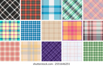 Plaid fabric patterns in vibrant checks, perfect for textile, clothing, or rustic wallpaper designs with a Scottish touch.