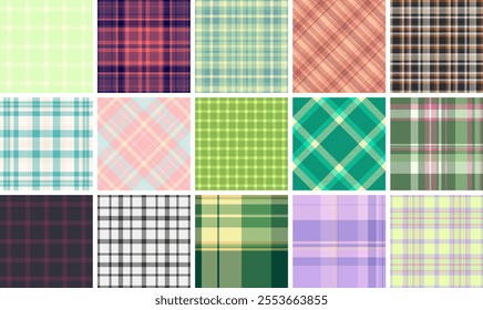 Plaid fabric patterns in vibrant checks, perfect for textile, clothing, or rustic wallpaper designs with a Scottish touch.