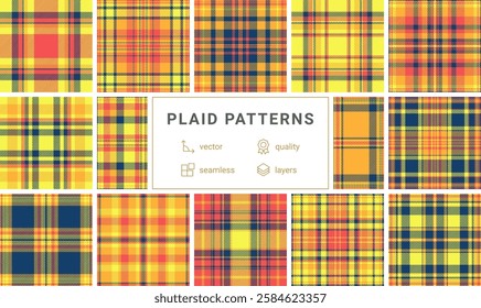 Plaid fabric patterns in vibrant checks, perfect for textile, clothing, or rustic wallpaper designs with a Scottish touch.