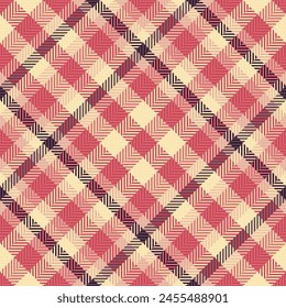 Plaid fabric texture of seamless pattern vector with a tartan textile check background in red and light colors.