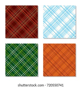 Plaid fabric texture set. Four checkered patterns. Diagonal texture. Abstract seamless pattern. For wallpaper, webpage background, surface textures. Pattern fills.