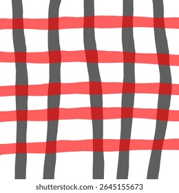 Plaid or gingham pattern with alternating red and gray straight lines on a white background.