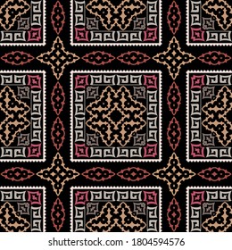 Plaid greek vector seamless pattern. Abstract tribal ethnic arabesque style  background. Repeat colorful backdrop with squares, frames, borders, lines, shapes. Greek key geometric tartan ornaments.