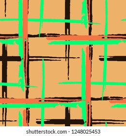 Plaid. Grunge Background with Stripes. Abstract Texture with Horizontal and Vertical Dry Brush Strokes. Scribbled Grunge Motif for Dress, Curtain, Paper. Scottish Ornament. Vector Texture.