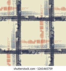 Plaid. Grunge Stripes. Abstract Texture with Horizontal and Vertical Strokes. Scribbled Grunge Pattern for Cotton, Print, Calico. Scottish Motiff. Vector Texture.