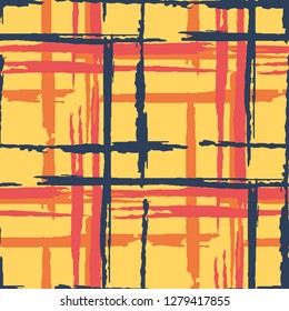 Plaid. Grunge Stripes. Abstract Texture with Horizontal and Vertical Dry Brush Strokes. Scribbled Grunge Motif for Calico, Print, Textile. Scottish Ornament. Vector Texture.