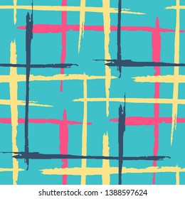 Plaid. Grunge Stripes. Abstract Texture with Horizontal and Vertical Dry Brush Strokes. Scribbled Grunge Motif for Dress, Curtain, Tablecloth. Scottish Ornament. Vector Texture.