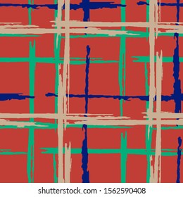 Plaid. Grunge Stripes. Abstract Texture with Horizontal and Vertical Dry Brush Strokes. Scribbled Grunge Motif for Wallpaper, Print, Textile. Scottish Ornament. Vector Texture.