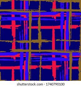 Plaid. Grunge Stripes. Abstract Texture with Horizontal and Vertical Brush Strokes. Scribbled Grunge Pattern for Print, Fabric, Textile. Scottish Ornament. Vector Texture.