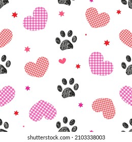 Plaid hearts with seamless black pattern with doodle paw prints. Happy Valentine's day or Merry Christmas design fabric pattern