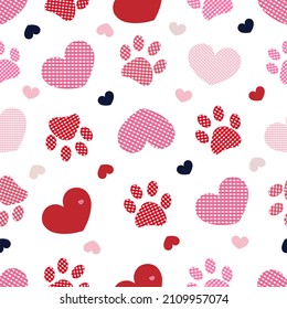 Plaid hearts with seamless black pattern with doodle paw prints. Happy Valentine's day or Merry Christmas design fabric seamless pattern