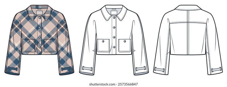 Plaid Jacket technical fashion Illustration. Crop Jacket fashion flat technical drawing template, three-quarter length sleeve, eyelets hole, front, back view, white, mocha, blue, women CAD mockup set.