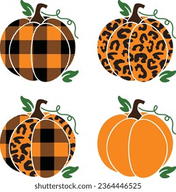 Plaid and leopard print pumpkin Fall Halloween designs. Four pumpkin variations in Plaid, leopard, combo and plain.