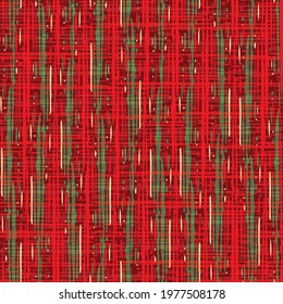 Plaid linen weave seamless vector pattern background. Densely woven style red green backdrop. Tartan cloth weave repeat design. Modern cotton fibre material all over print for festive Christmas theme