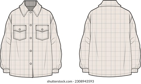 PLAID LUMBERJACK SHACKET front and back flat sketch technical drawing vector illustration template