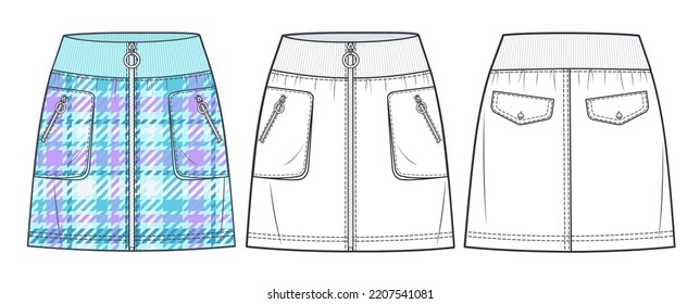 Plaid Mini Skirt technical fashion illustration. Girl's Skirt fashion flat sketch template, mini lengths, pockets, plaid design, elastic waistband, zip up, front, back view, CAD mockup set.