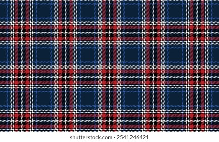 Plaid, navy, red, white, black, seamless modern elegant cross lines pattern for textiles, and for designing clothes, skirts, pants or decorative fabrics. Vector illustration.